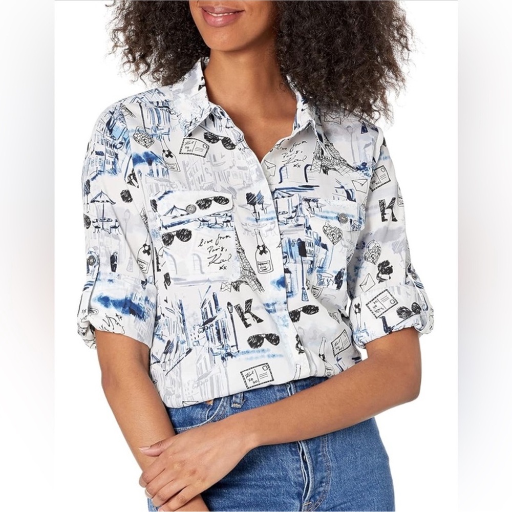 NEW Karl Lagerfeld  Blue and White Graphic Print Top